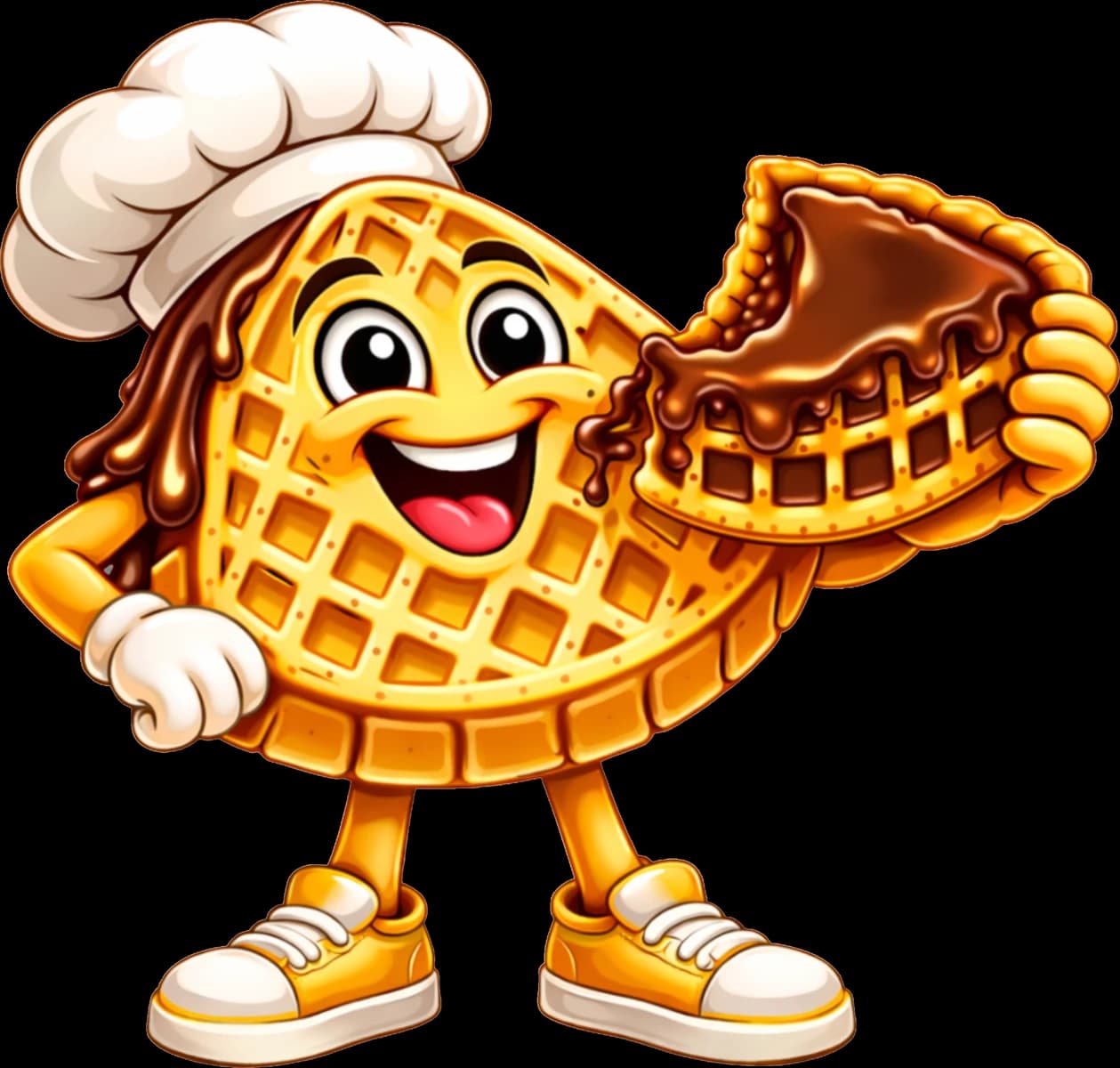 The Bussin' Waffle Co. waffle chef mascot holding a chocolate waffle