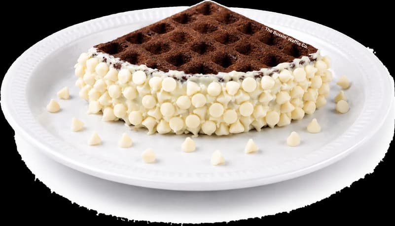 White Choco Bliss waffle on a white plate
